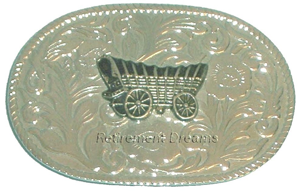 Metal Floral Belt Buckle Oval With Covered Wagon Rope Edge Design Western Motif