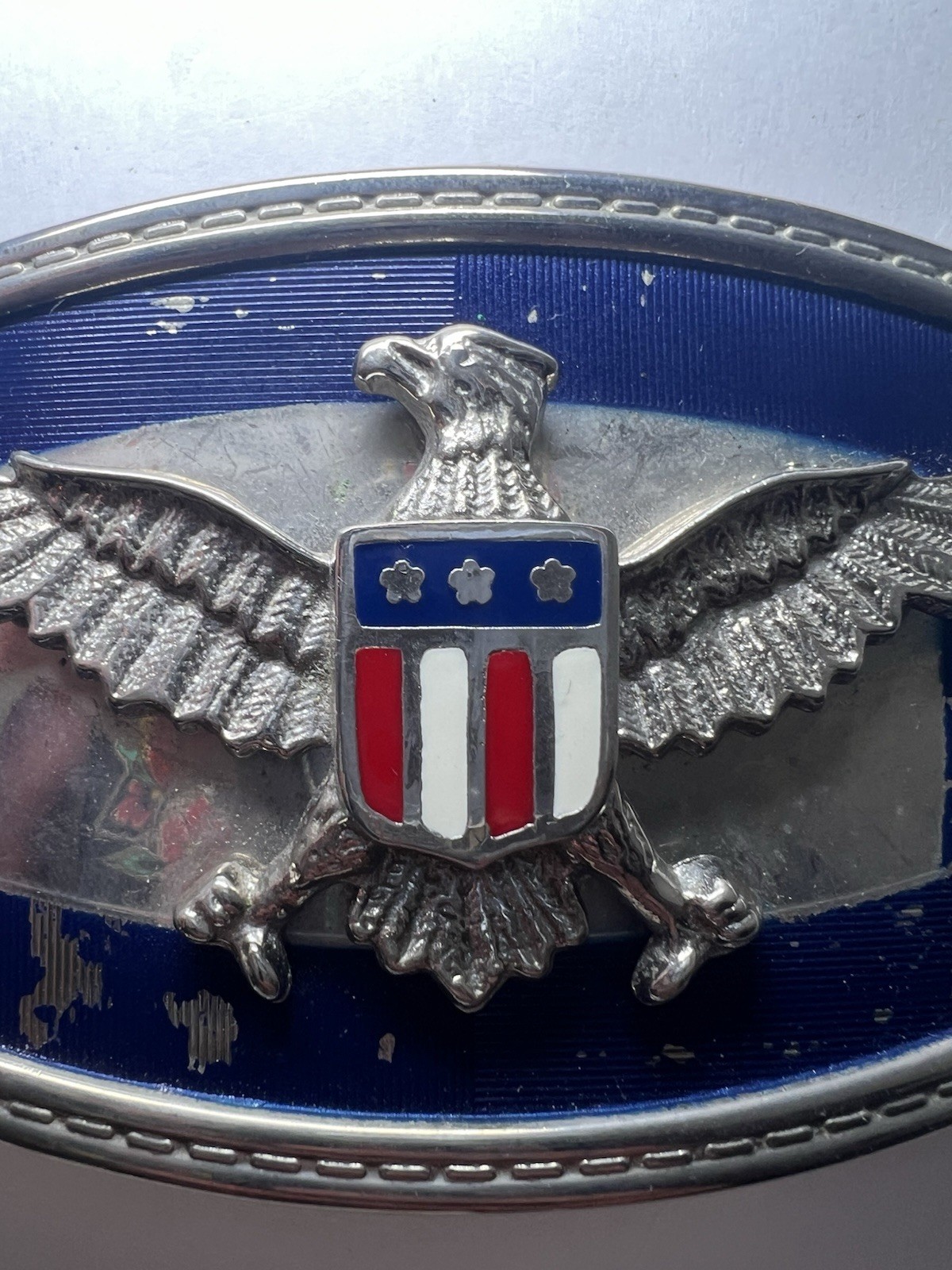 VTG Belt Buckle with Silver Toned Eagle and Flag USA