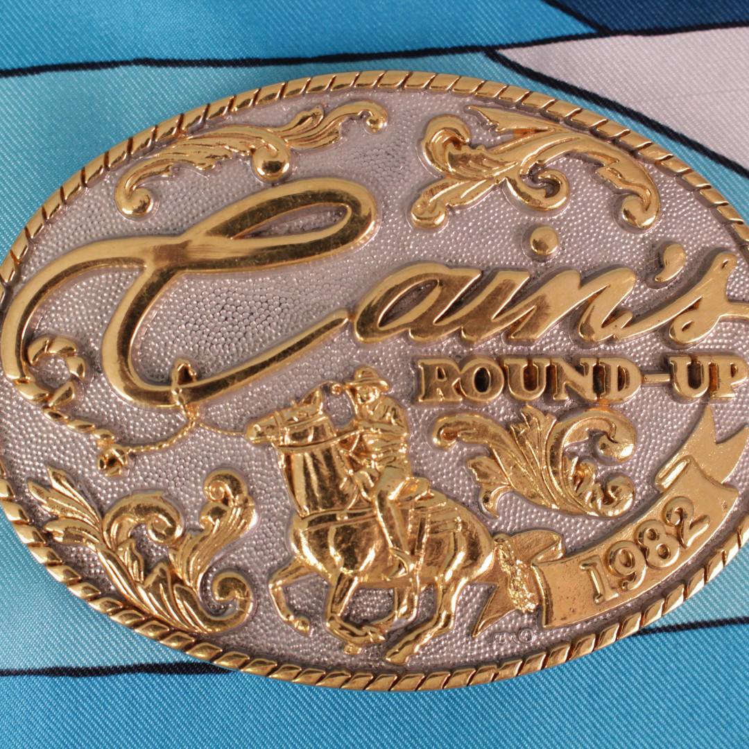 VTG 80s Cain&rsquo;s Round-Up 1982 Commemorative Belt Buckle ADM 24K GP Rodeo Horse