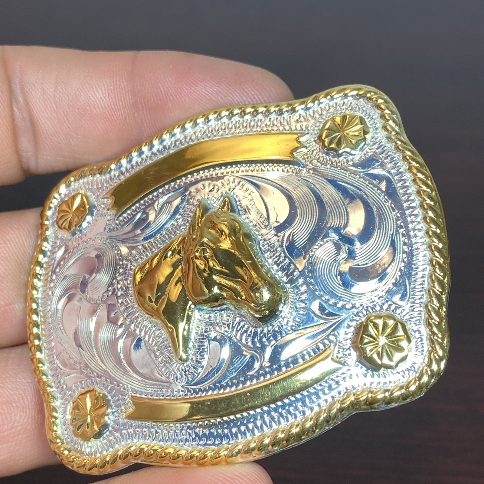 JUSTIN Silver Mexico Horse Head 2-5/8”x2-1/8” Belt Buckle SHINY GOLD SILVER Tone