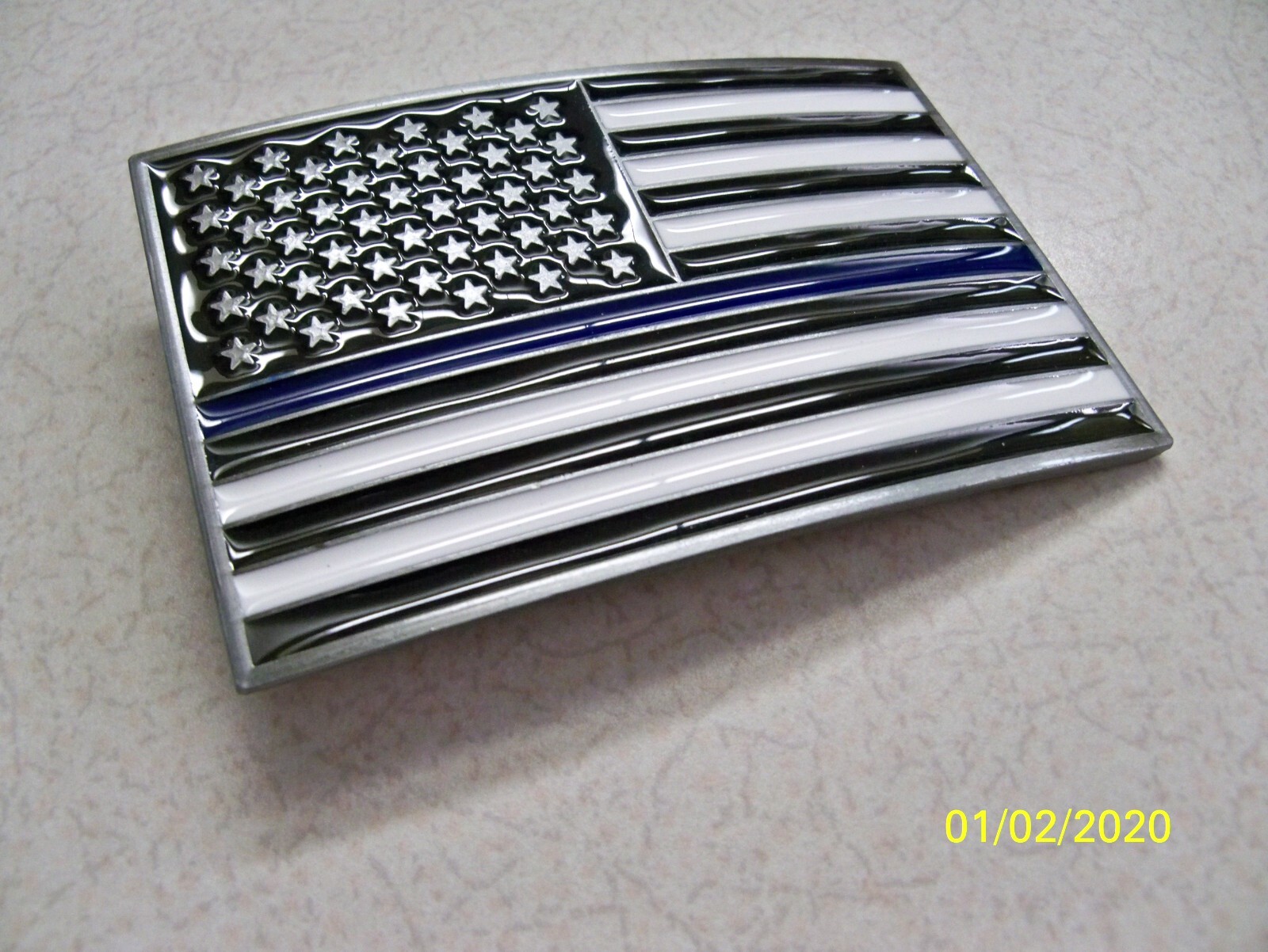 Glossy, Patriotic U.S.A. Flag Blue Line Police, Policeman metal belt Buckle, New