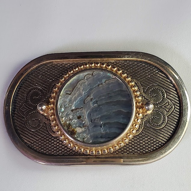 Western Gold Tone Belt Buckle Round Abalone Shell Look Metal Cabochon Insert