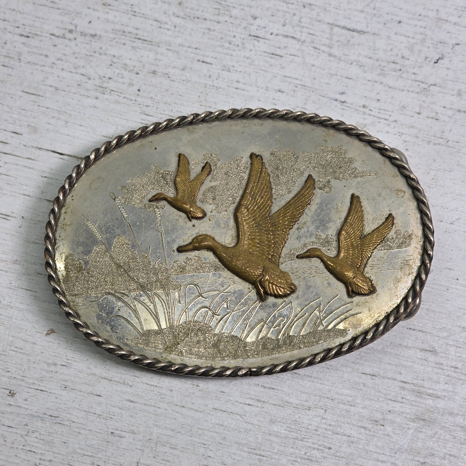 Vintage German Silver Enamel Mallard Duck Belt Buckle Engraved Western Rope Edge