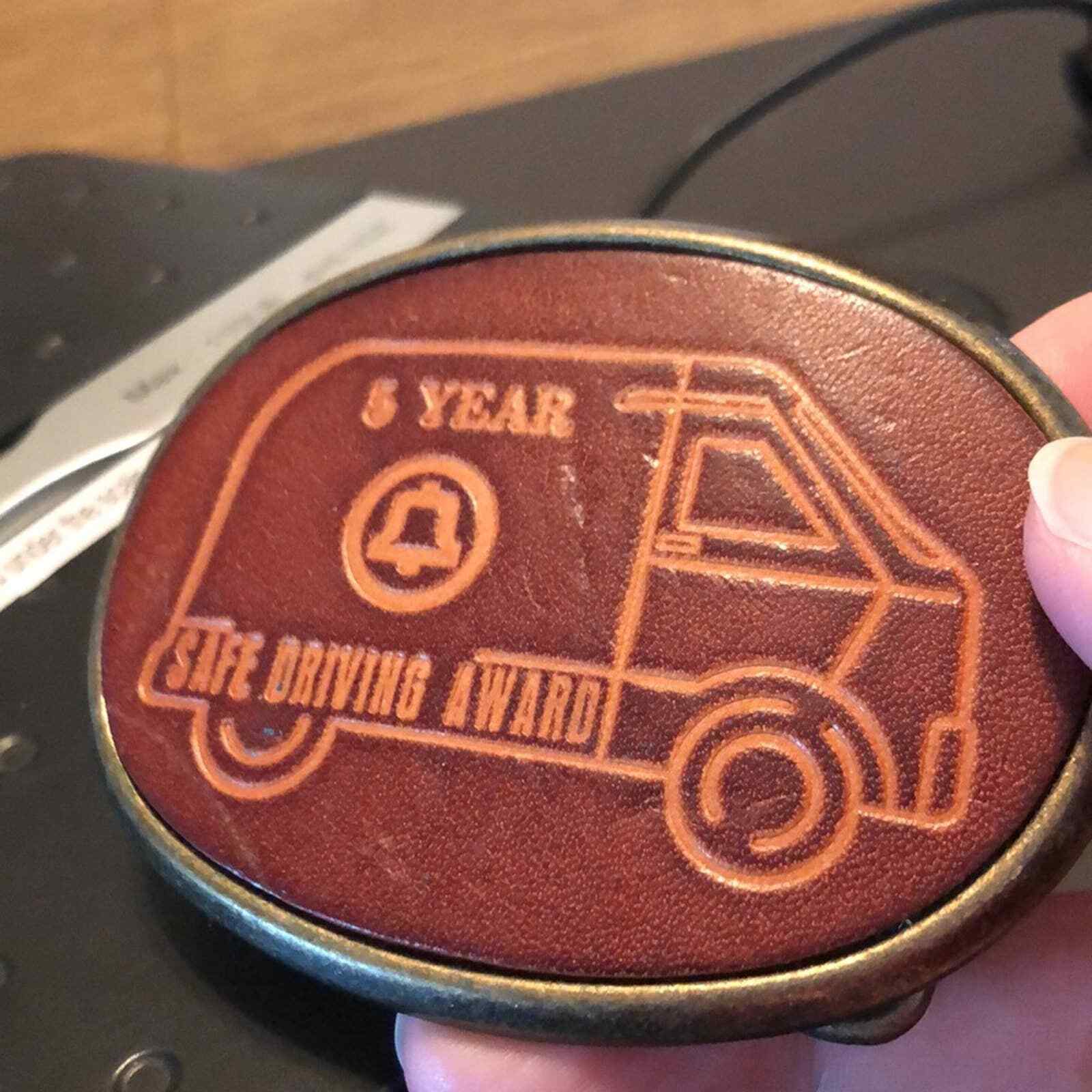Vintage VTG Safe Driving Award Bell Systems Leather Belt Buckle Communications