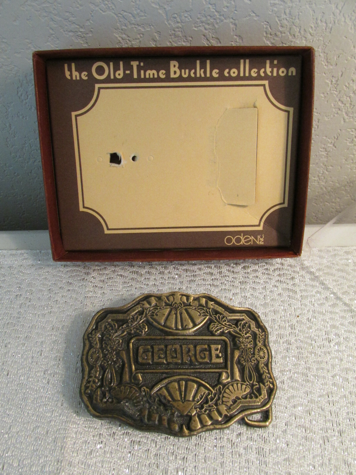 BRASS BELT BUCKLE « GEORGE » ORIGINAL BOX ODEN TIME EMBOSSED BIRTHDAY NAME