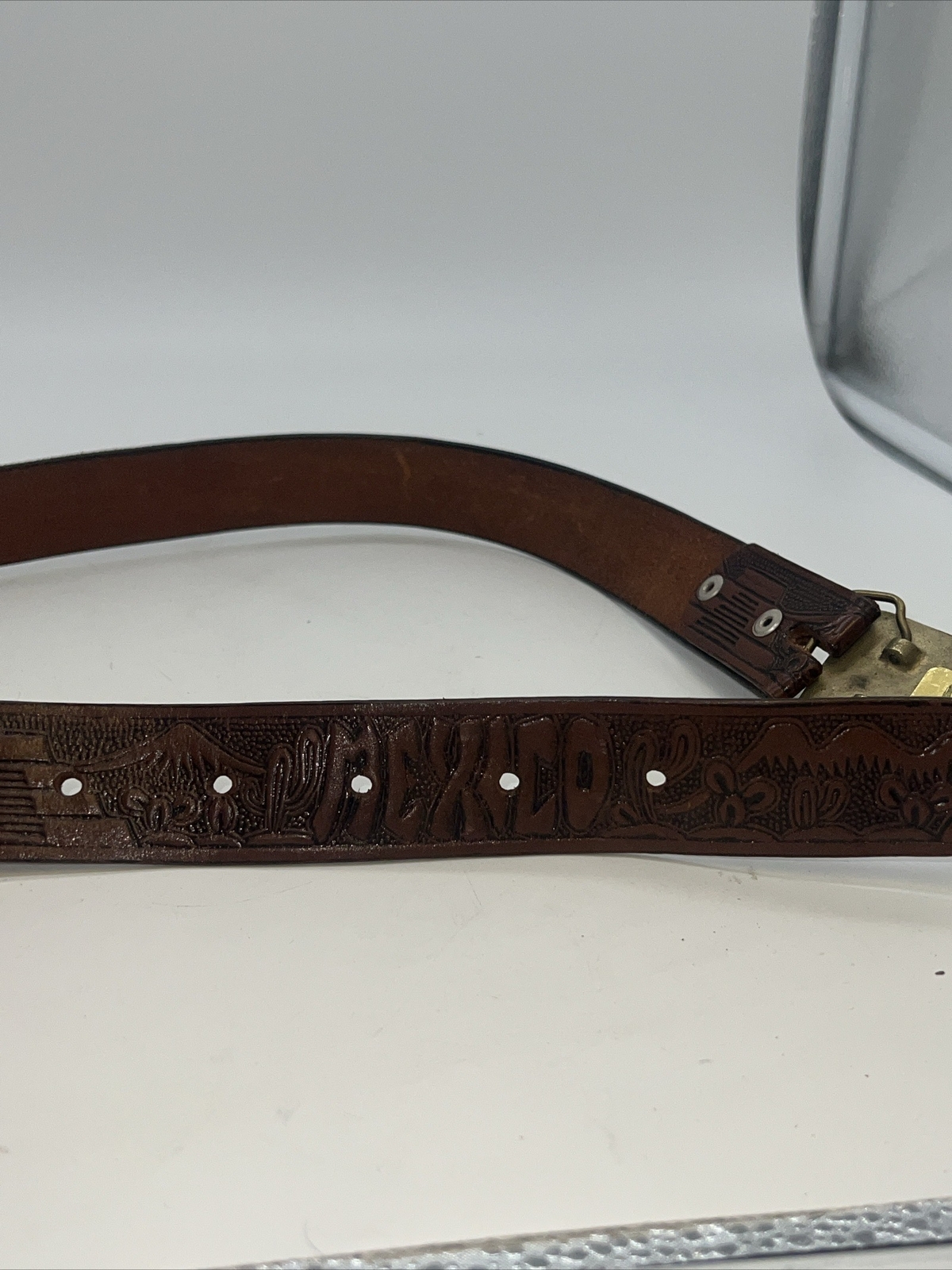 Shambu Mexico Eagle Leather Belt And Brass Buckle 35” Long 1.5” Wide