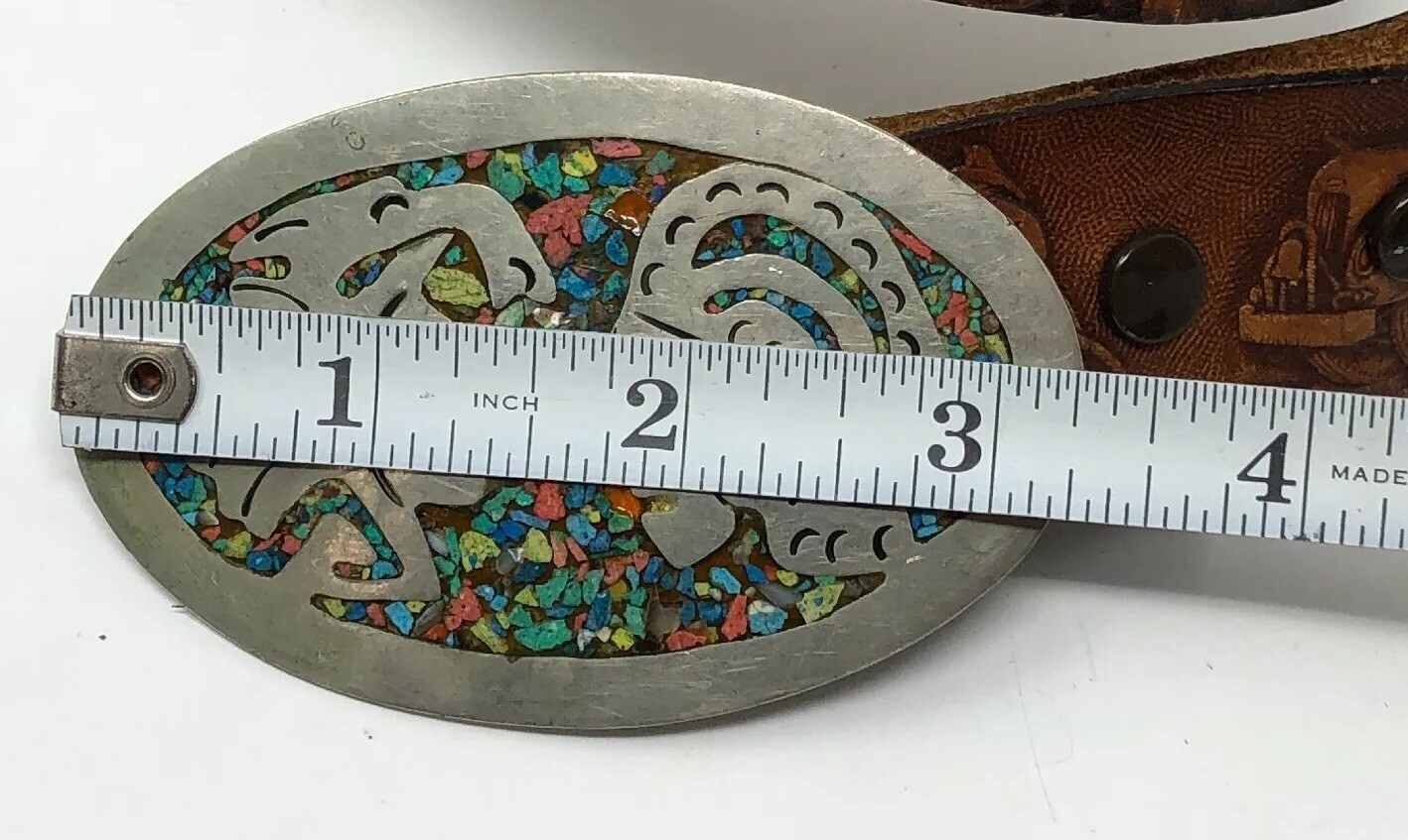 Vintage Mexico Color Stone Inlay Aztec Warrior Inca Mayan Silver Belt Buckle