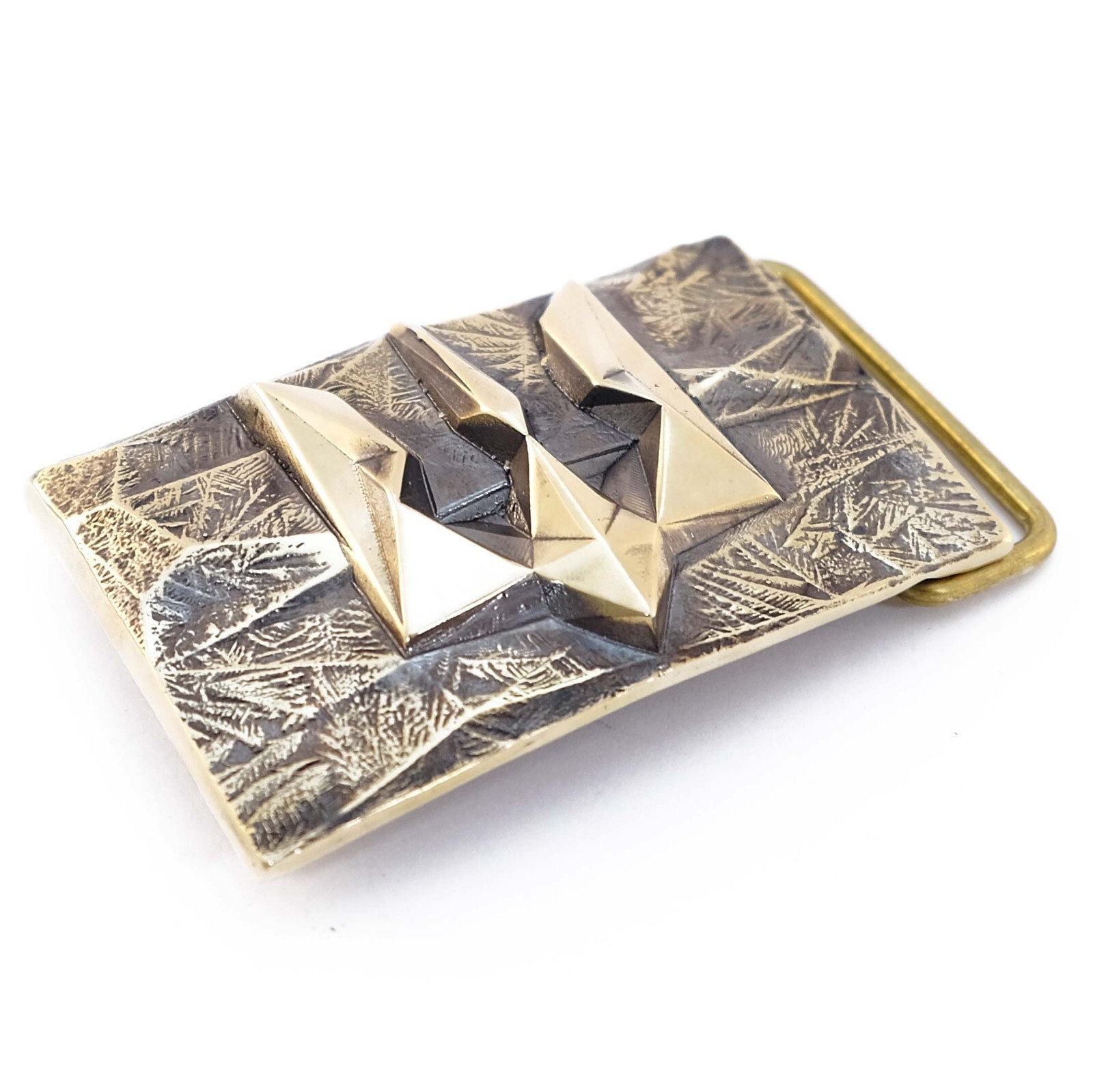 Handmade brass belt buckle « Ice and fire », Ukrainian trident low poly geometric