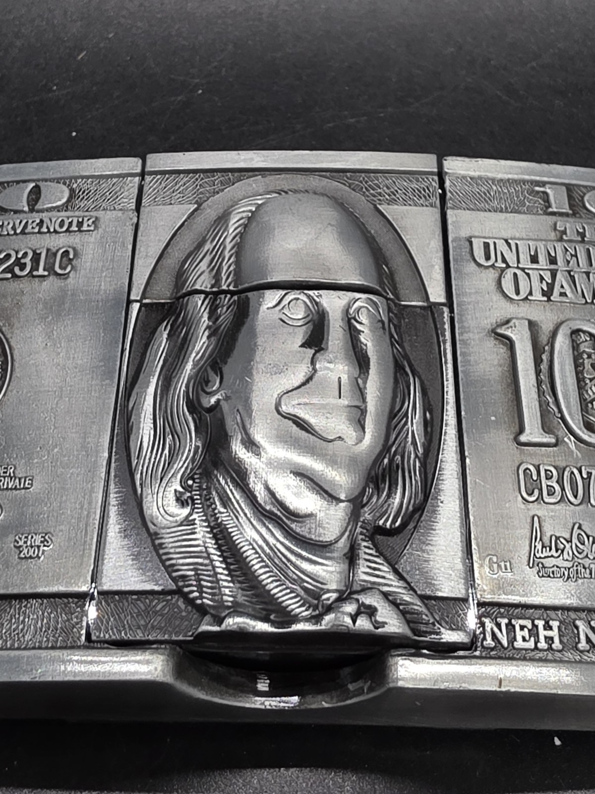 $100 Bill Benjamin Franklin Belt Buckle Combo With Hidden Flip Top Lighter New