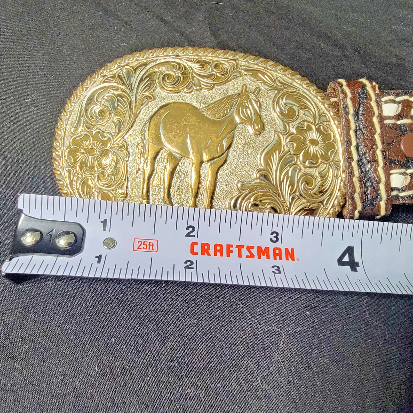 Vintage CRUMRINE Belt Buckle BRONZE Engraved HORSE Cowboy WESTERN Gold RODEO