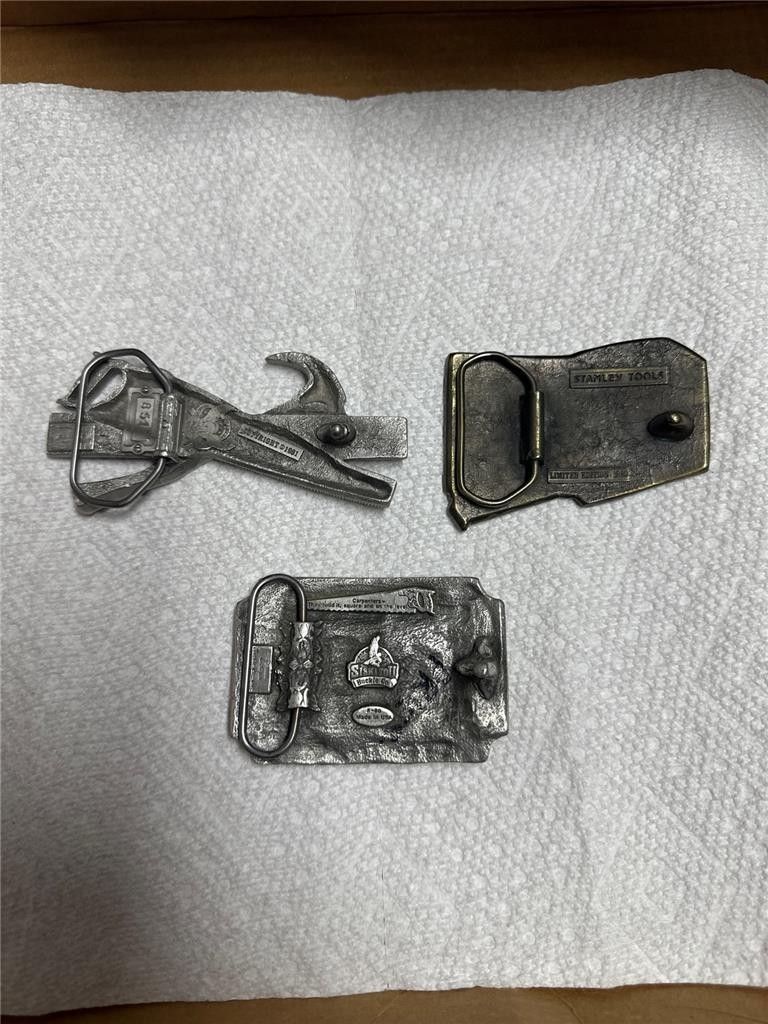 Three Vintage Carpenter Related Belt Buckles, Stanley, Tools, etc