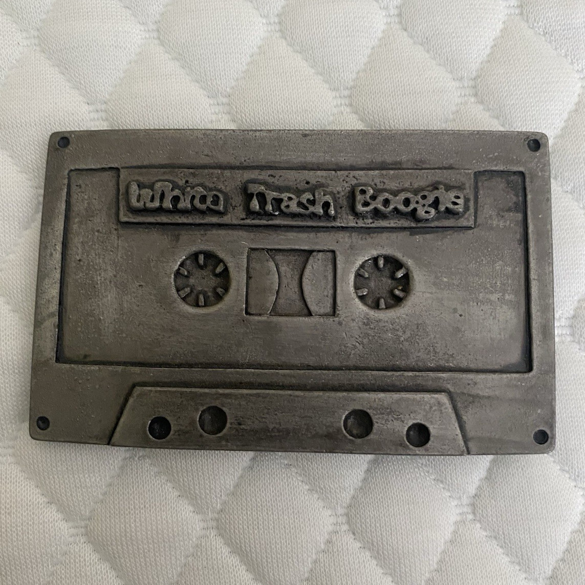 “White Trash Boogie” Cassette Tape Metal Belt Buckle, Antique Finish, 1.5in