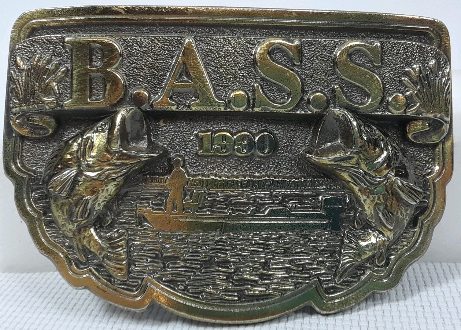 B.A.S.S. 1990 BRASS BELT BUCKLE 3-D Bass Lake Fishing Very Nice! Angler Proshop