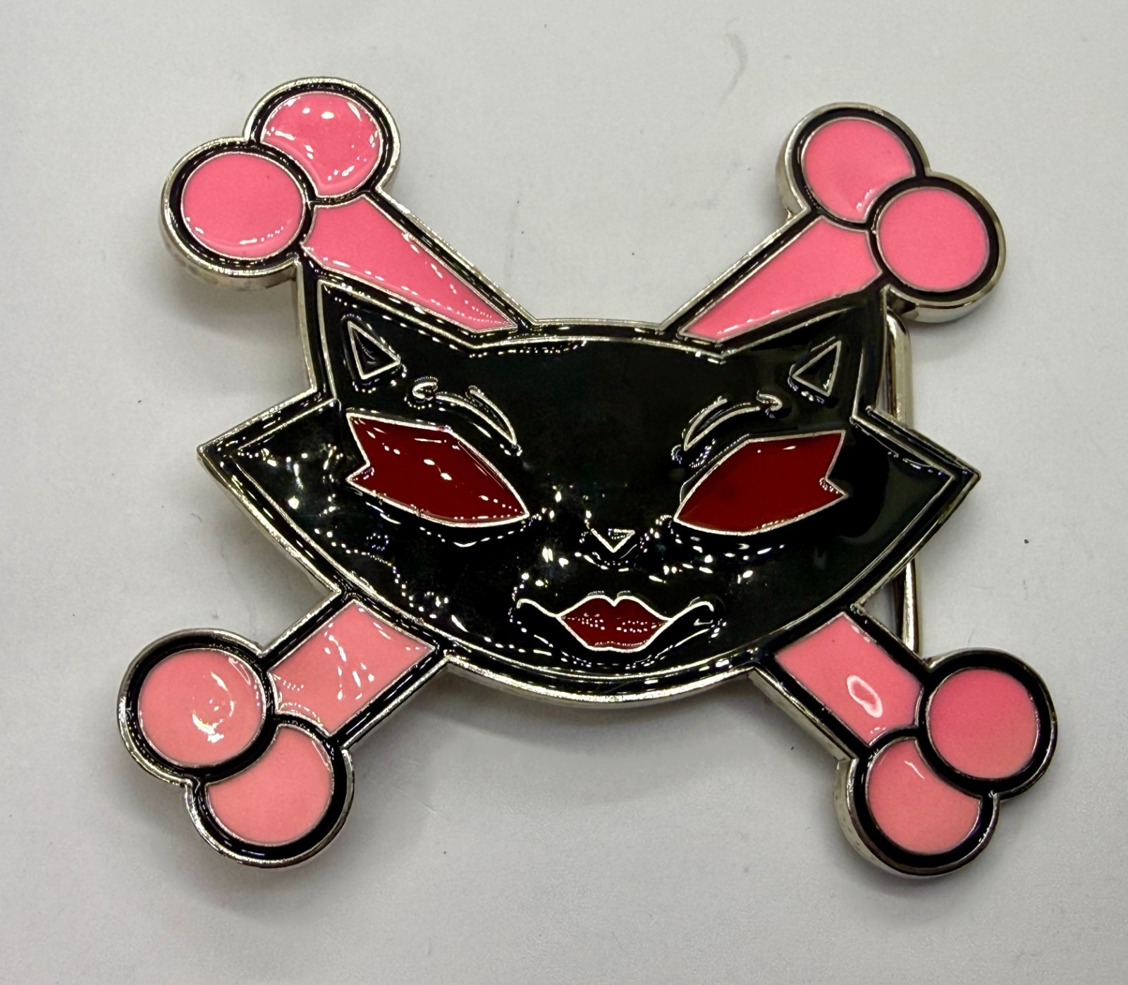 Vixen Sassy Cat Kitty Crossbones Cartoon Black Pink Red Enamel Belt Buckle