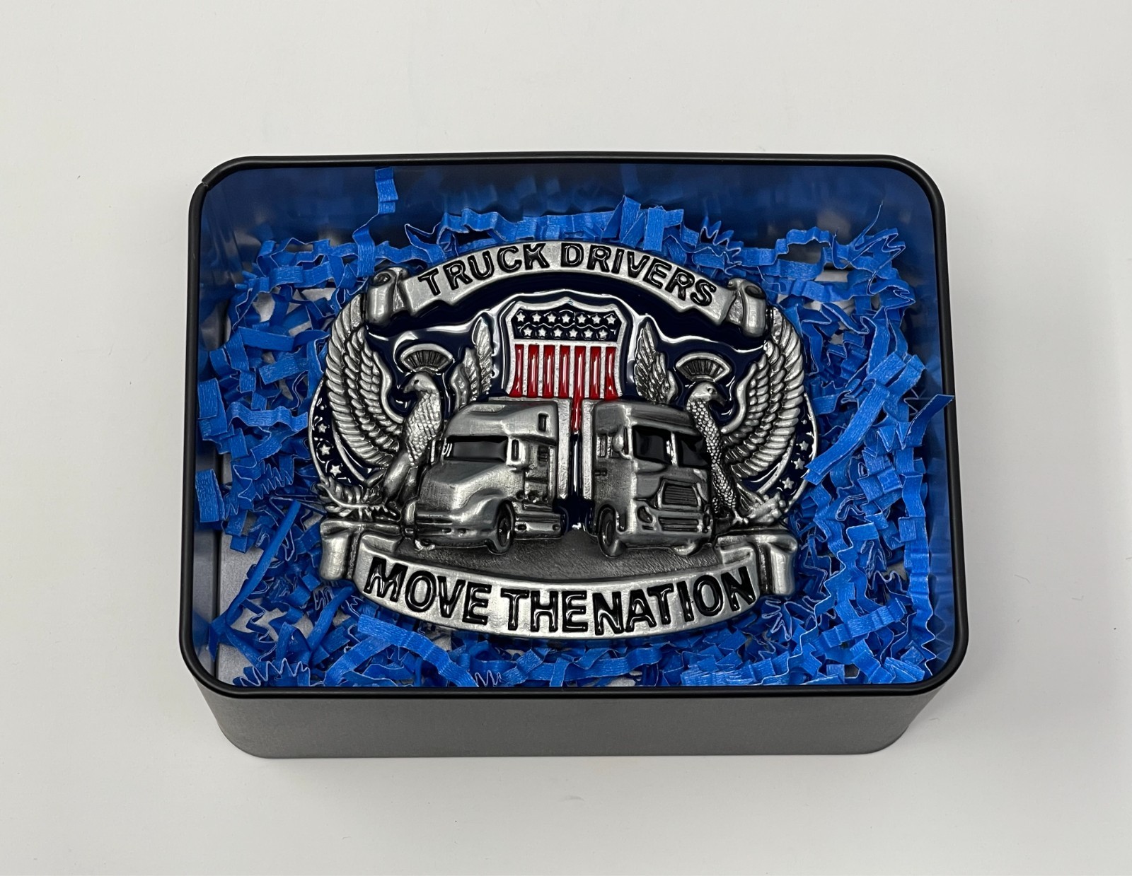 Trucker Belt Buckle Gift Set with 12 x 18 Inch American Flag – Patriotic Buckles