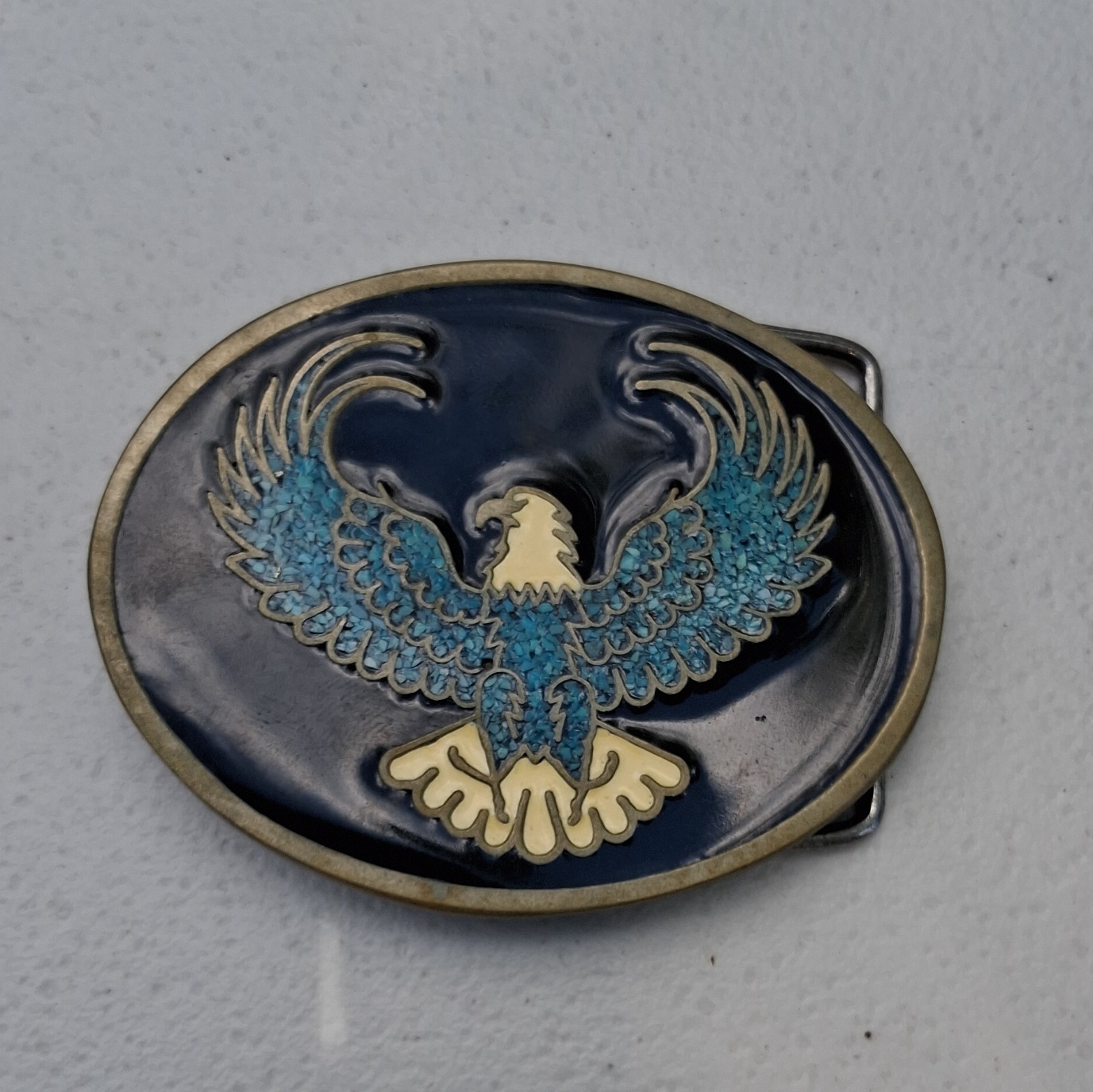 Men’s Silver/Blue Metal Western Eagle Belt Buckle, Oval, Fits 1.5in Belt