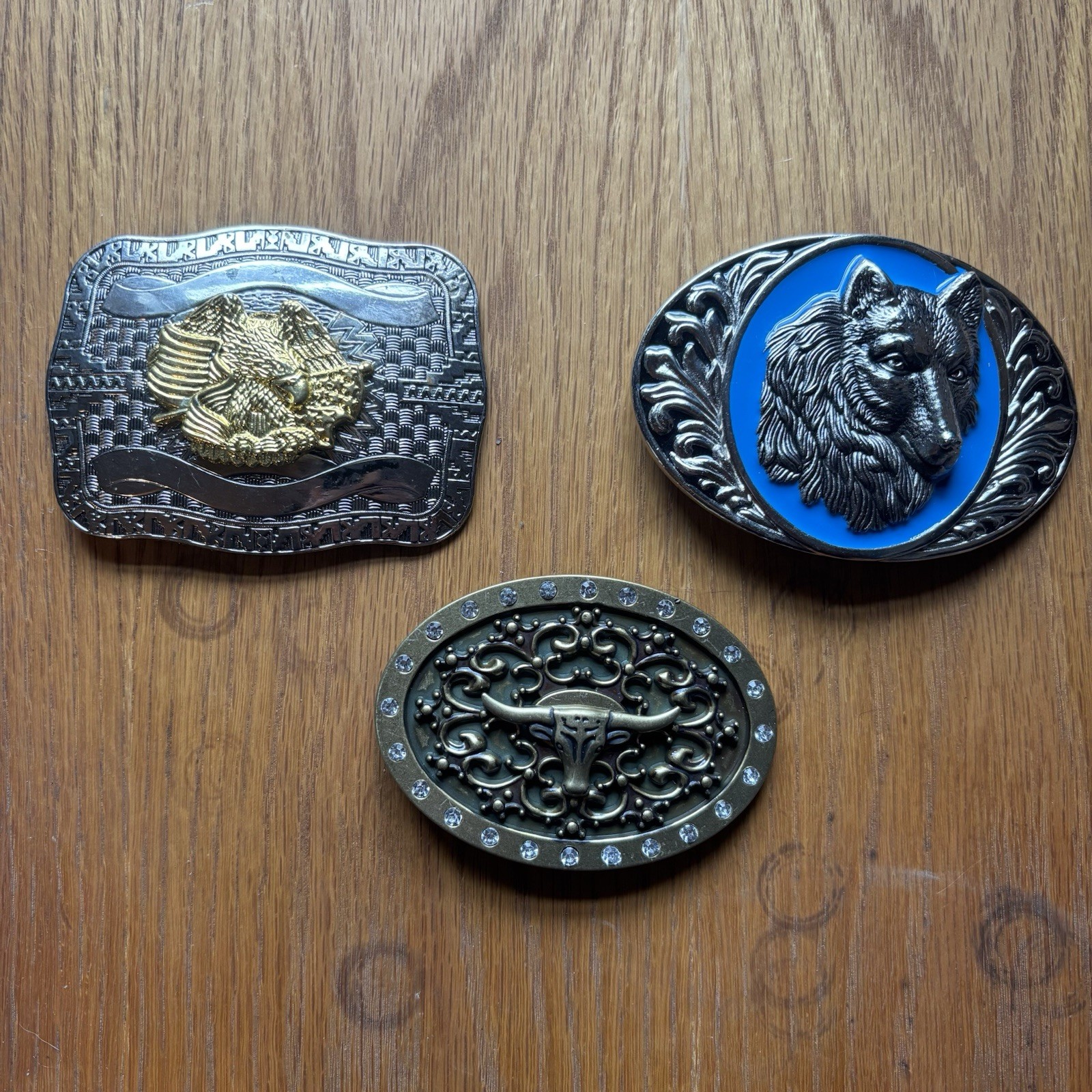 Metal Belt Buckles – Lot of 3 – Wolf Head Bull Head Eagle Designs