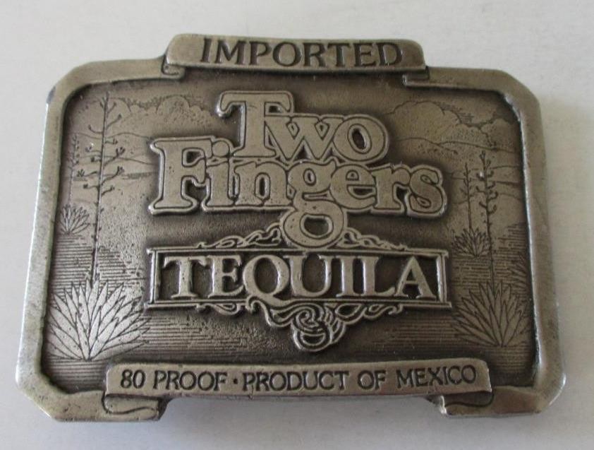 Imported Two Fingers Tequila 80 P Hiram (1976 Metal Belt Buckle) 3 3/8&Prime; X 2 3/8&Prime;