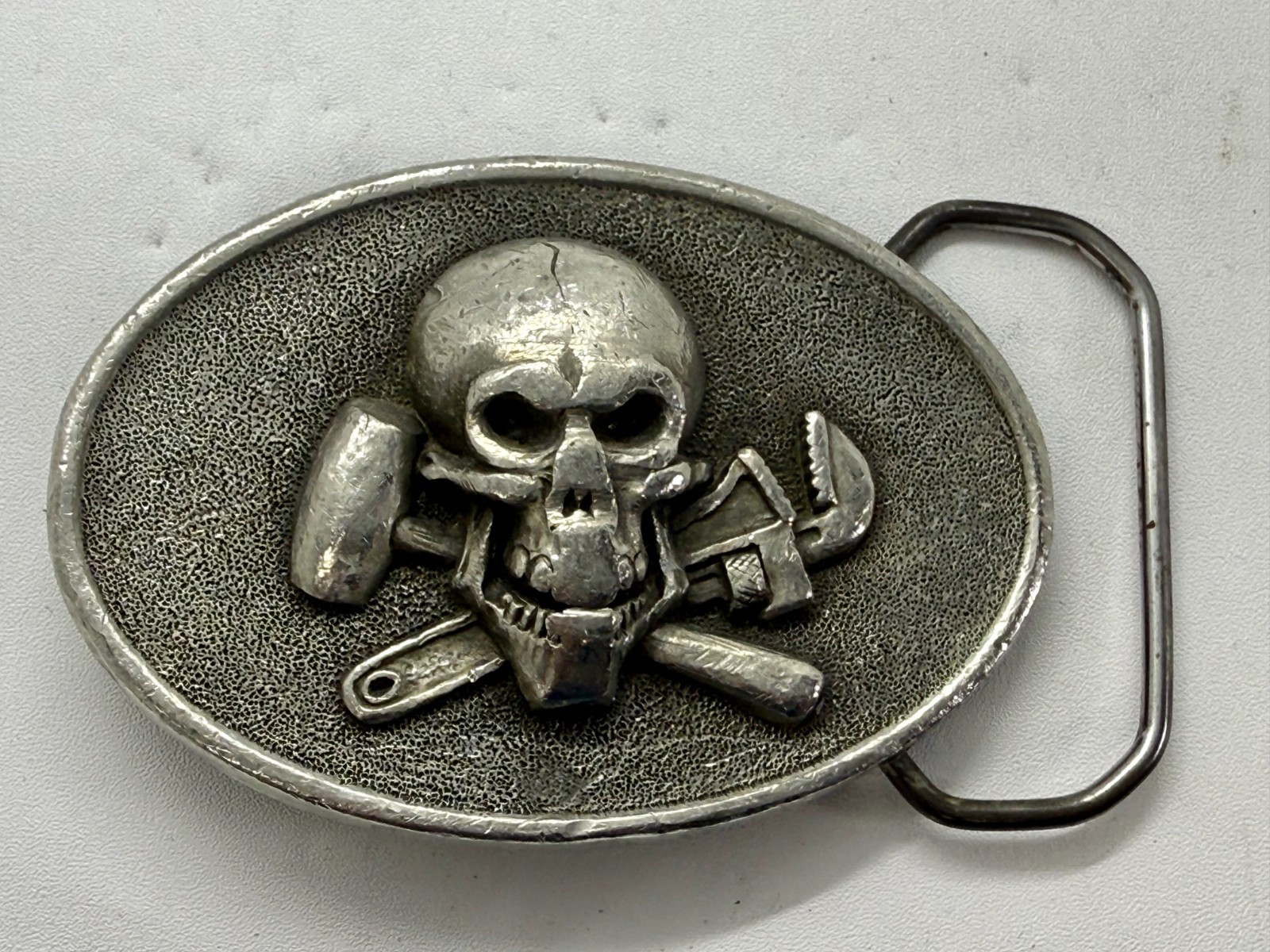 Mechanic Skull Crossed Wrench Hammer Tool Solid Fine Pewter Belt Buckle