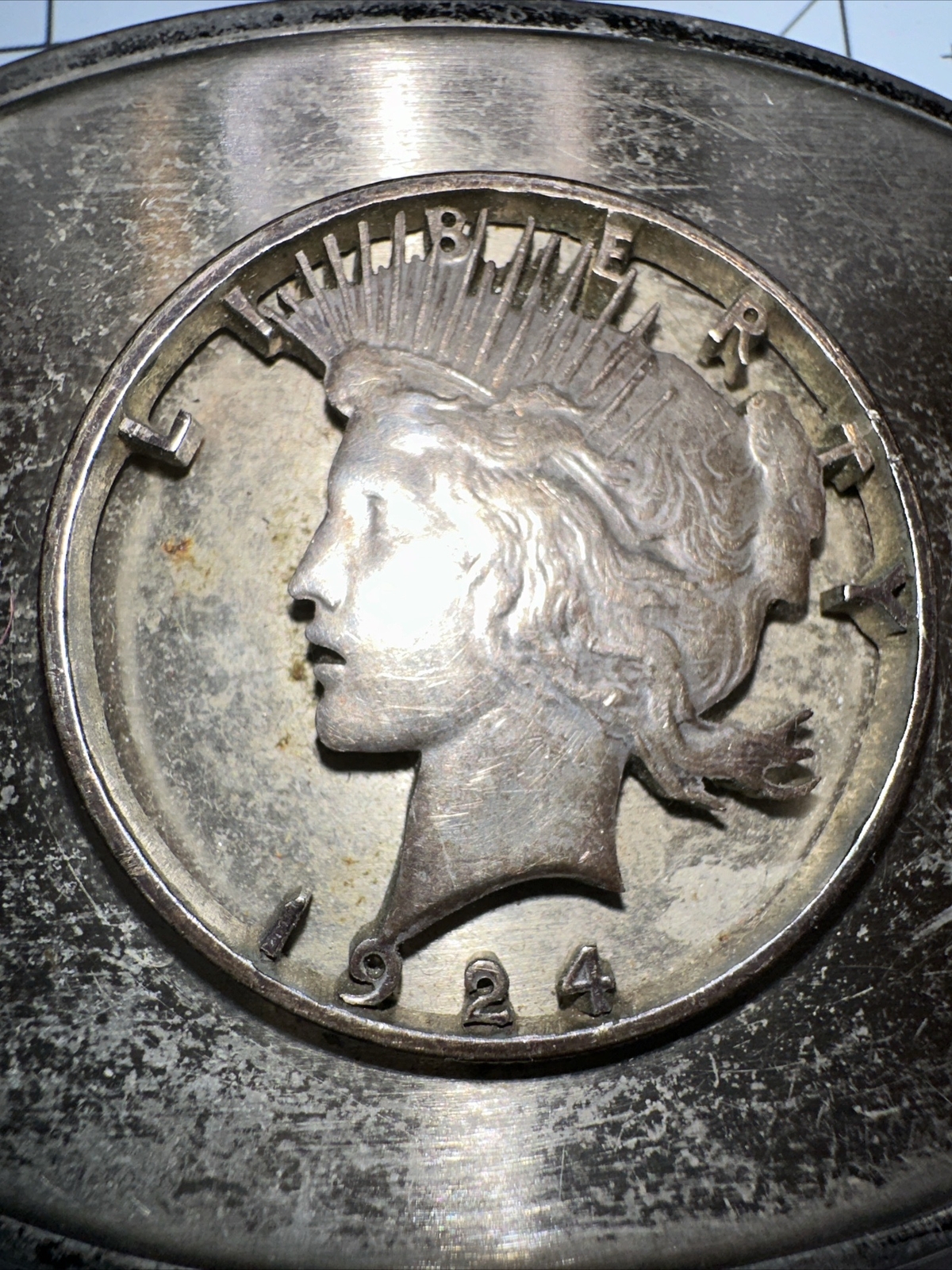 1924 Peace Silver Dollar Cutout Coin & Ornate Belt Buckle