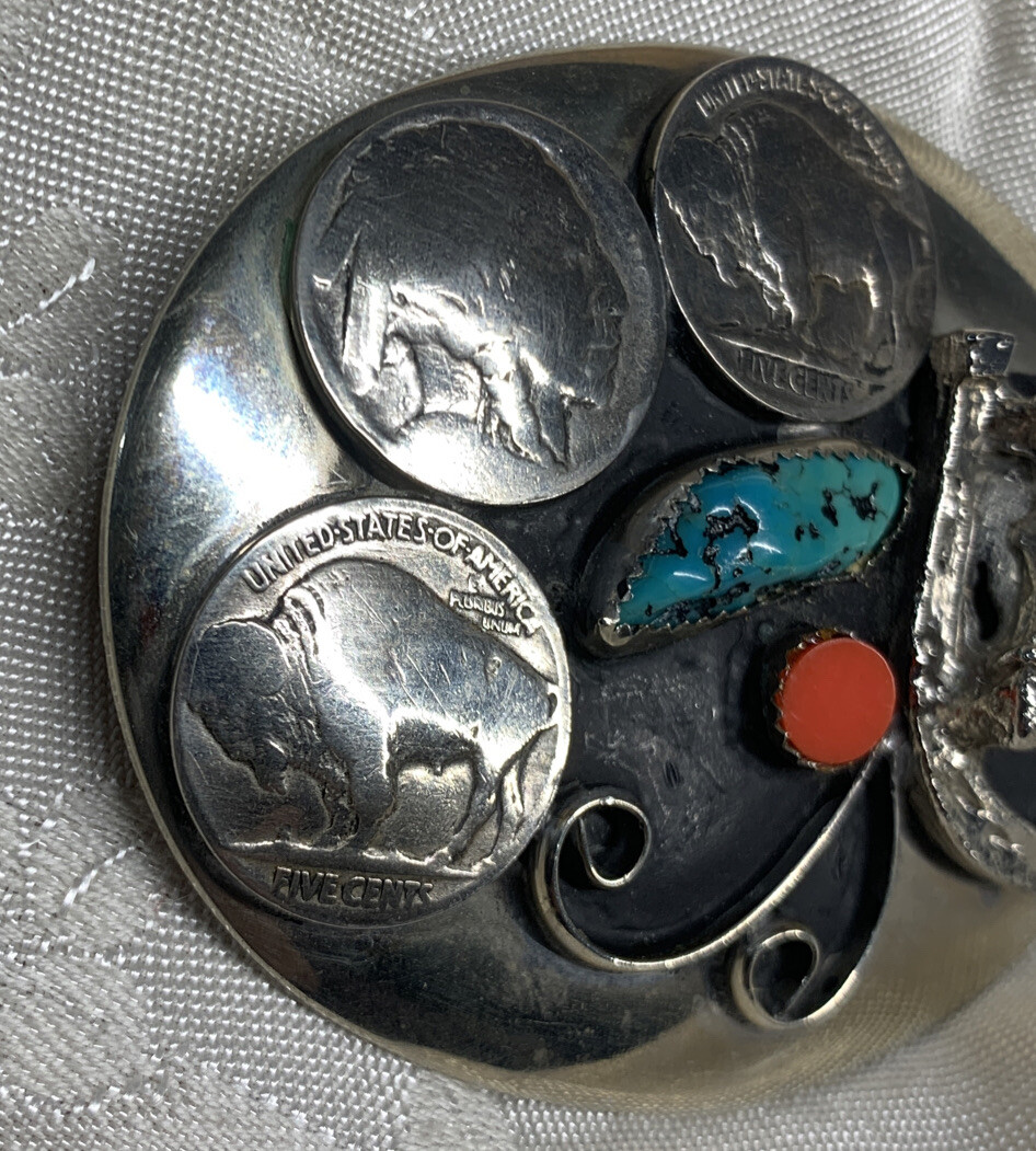 Vtg American Belt Buckle Genuine Turquoise Coral 3 Buffalo Nickels, Horse & Shoe
