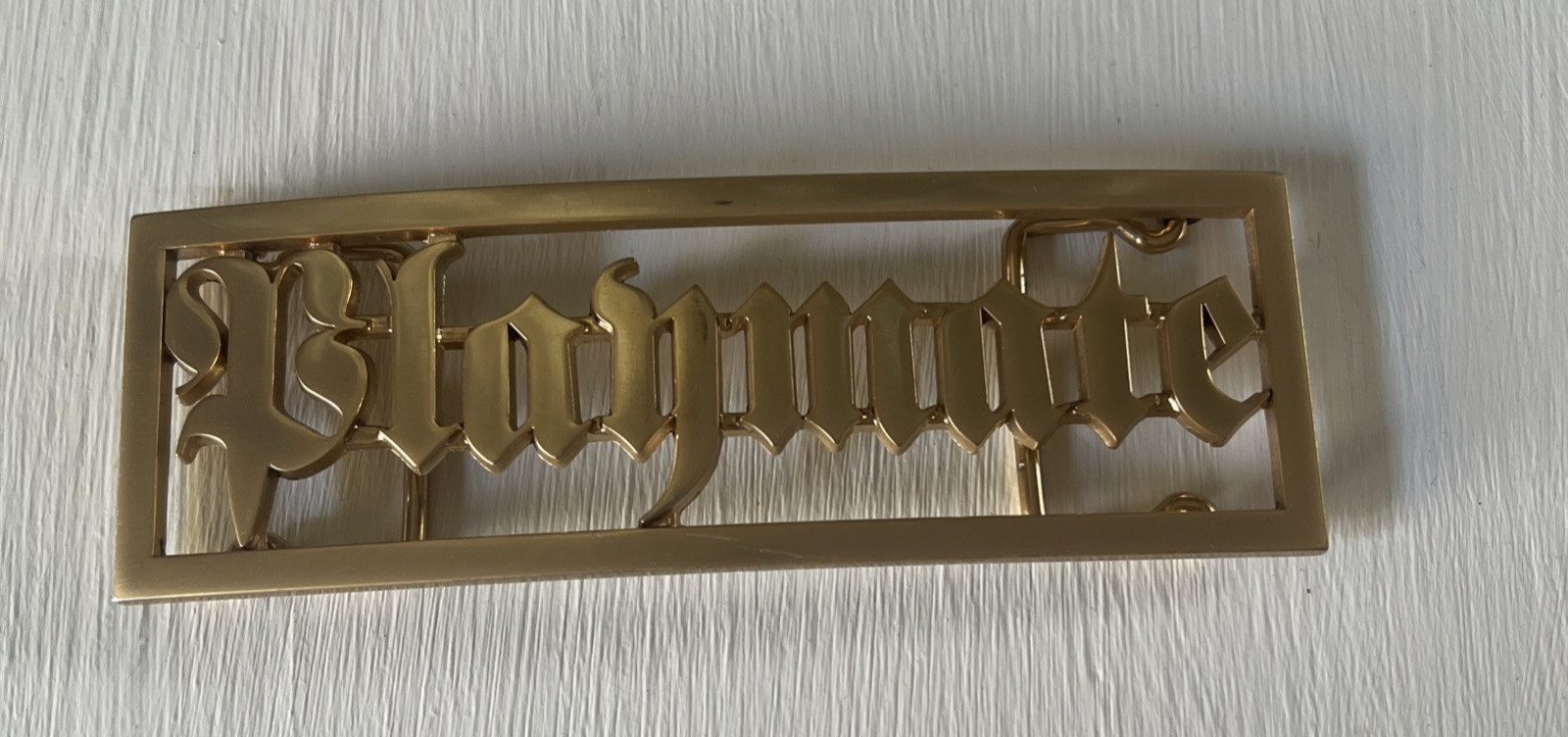 Gold Tone PLAYMATE Belt Buckle Metal Spellout rectangle( fits 1.5&Prime; w/belt)