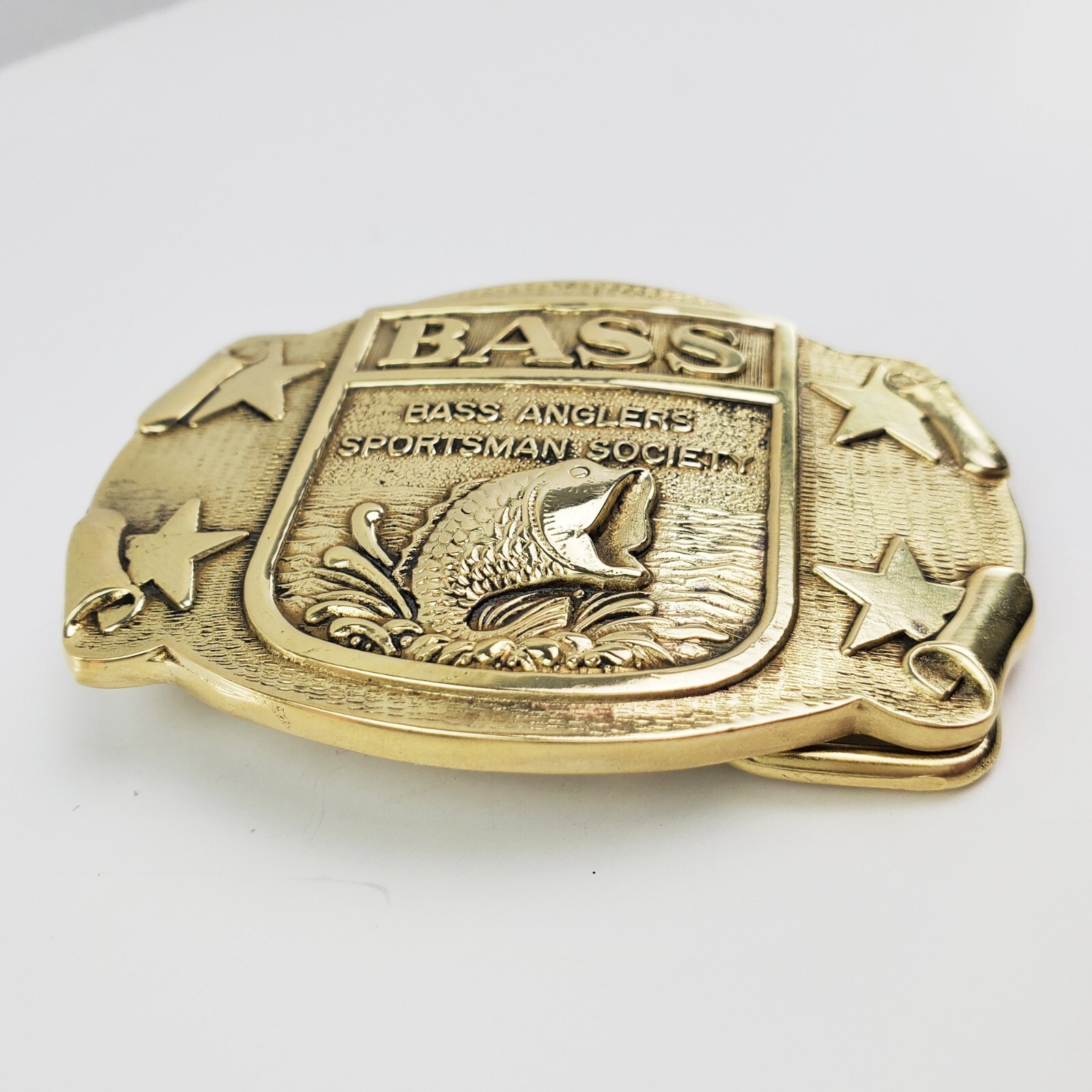 BASS Belt Buckle Anglers Sportsman Society Fishing Solid Brass 3&Prime;