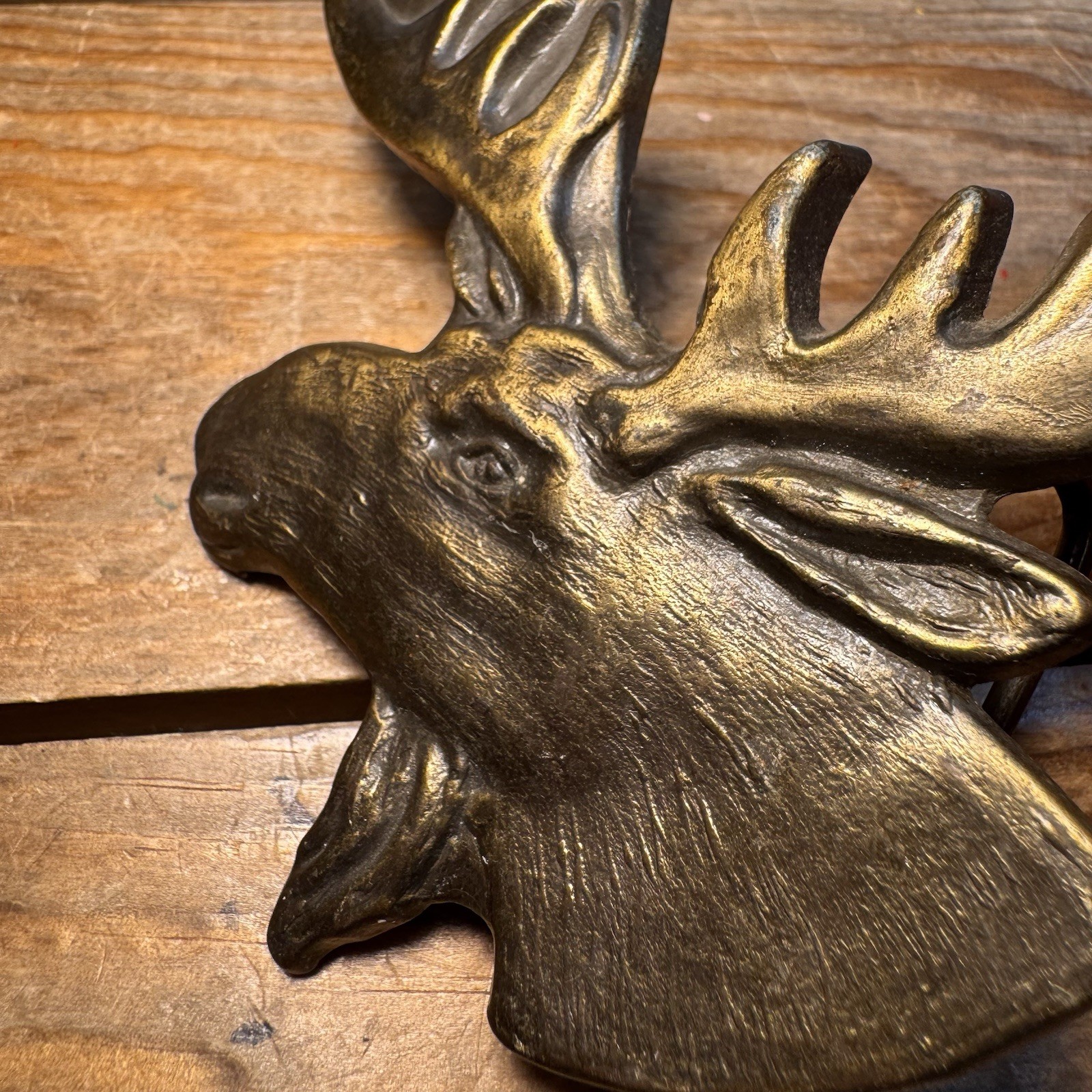 Vintage 1970’s Brass Moose Elk Head Wildlife Belt Buckle 4” #4047