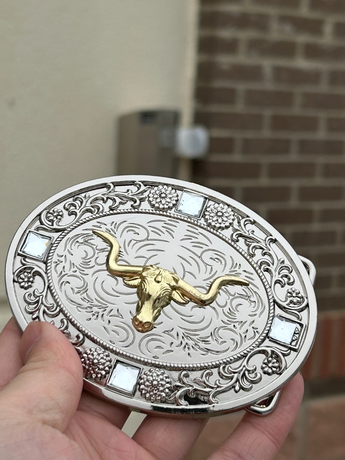 Western Longhorn Buckle Men Unisex Clear Rhinestone Oval Silver Zinc Fit 2 »