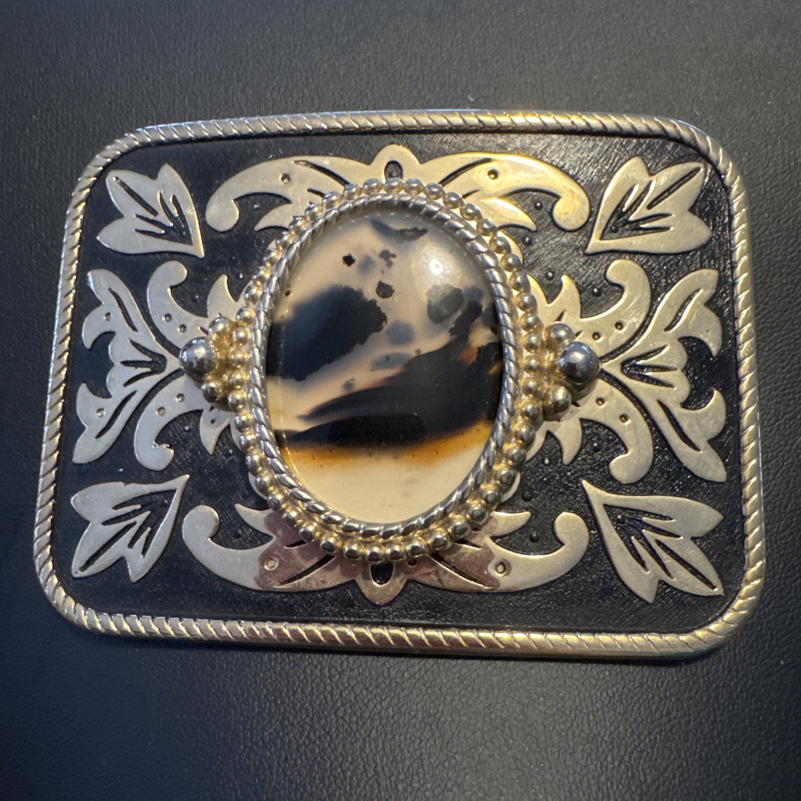 Vintage Belt Buckle Western Style Gold Ornate with Large Brown Oval Stone