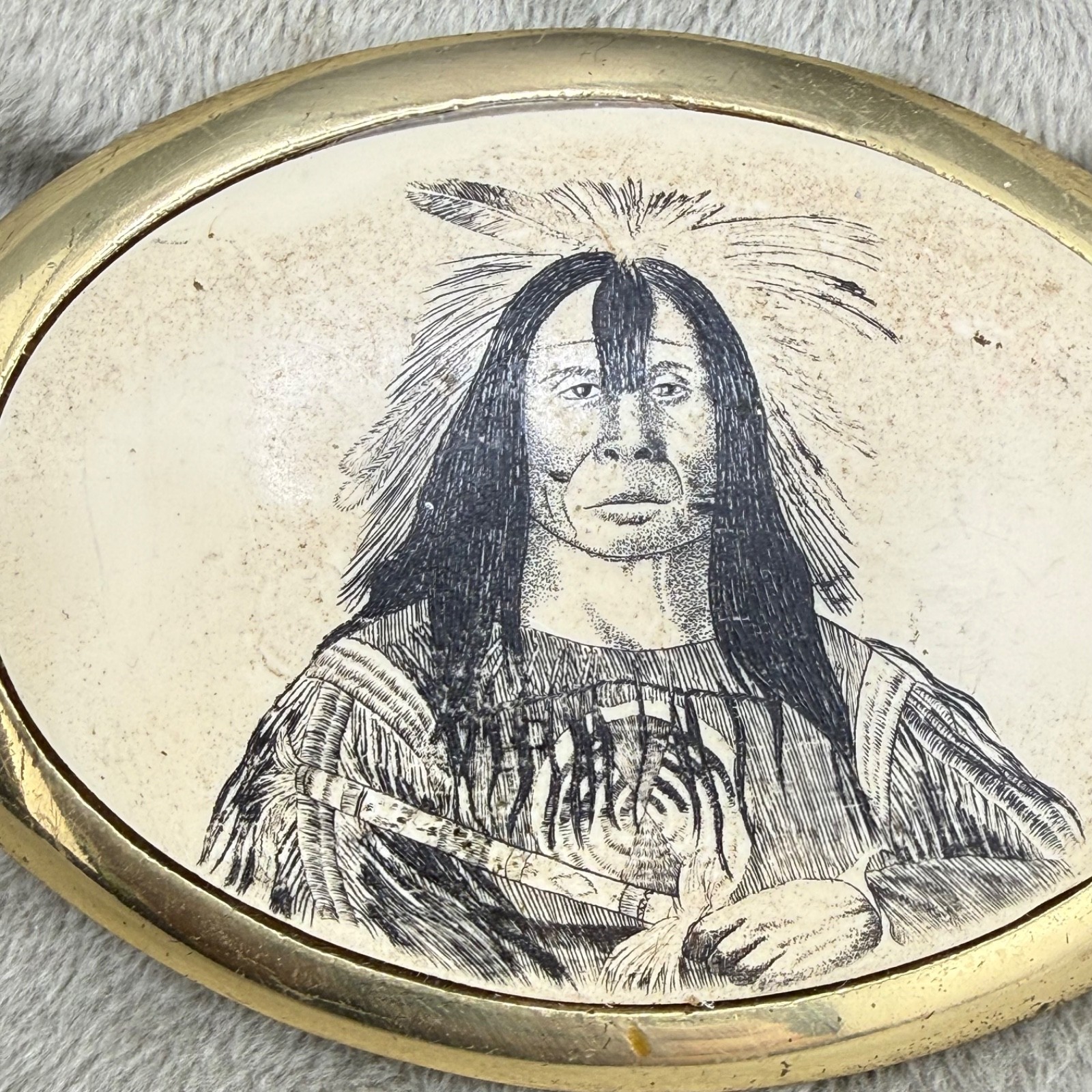 Vintage Etched Resin Buckle Native American Gold Tone Baron Buckles