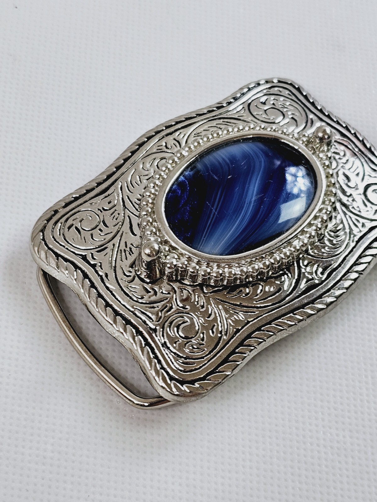 Silver Dollar Blue & Silver Western Style Belt Buckle Engraved Made USA