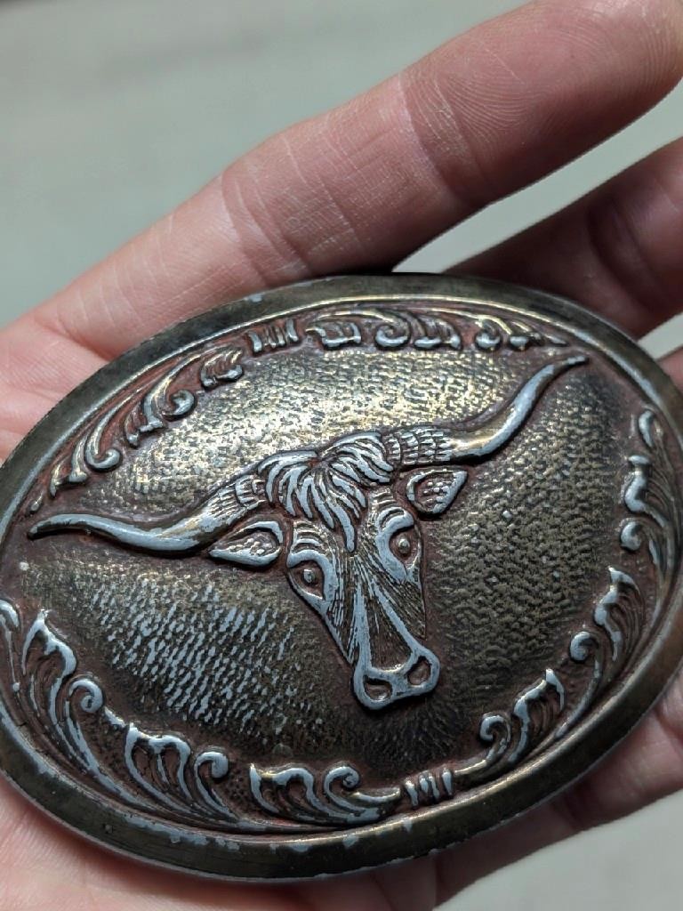 vintage 1970s belt buckle BRASS copper STEER bull texas WESTERN cowboy rodeo