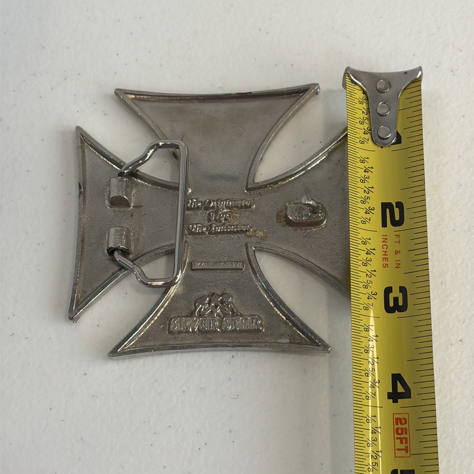 Silver Star Iron Cross Belt Buckle Silver Tone Made In USA Goth Grunge Moto FAIR