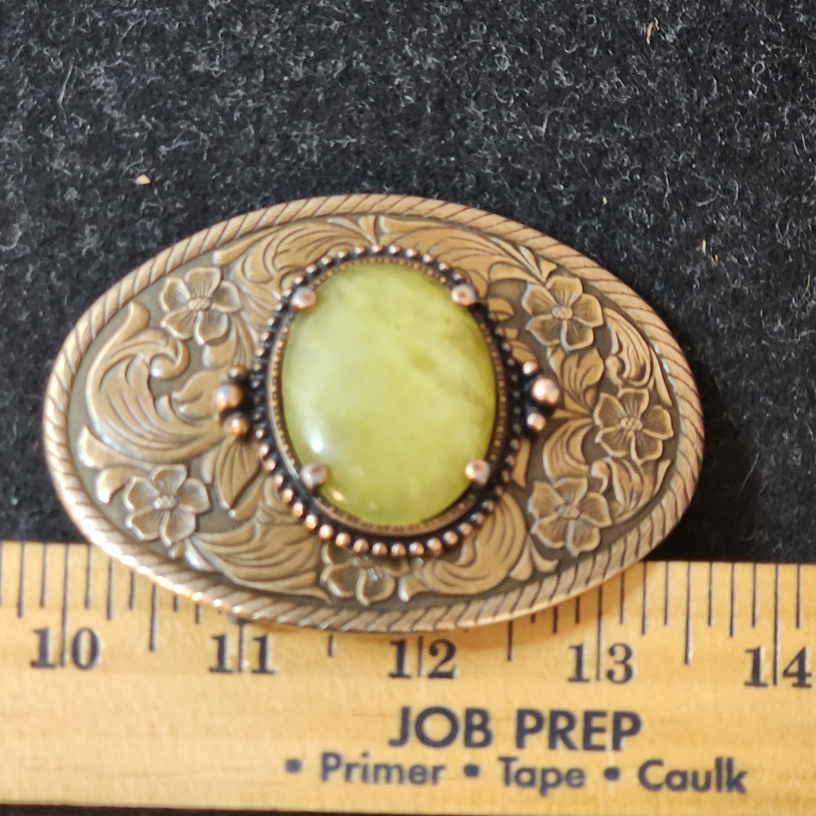 Vintage Western Floral Belt Buckle Yellow-Green Serpentine-Style Stone