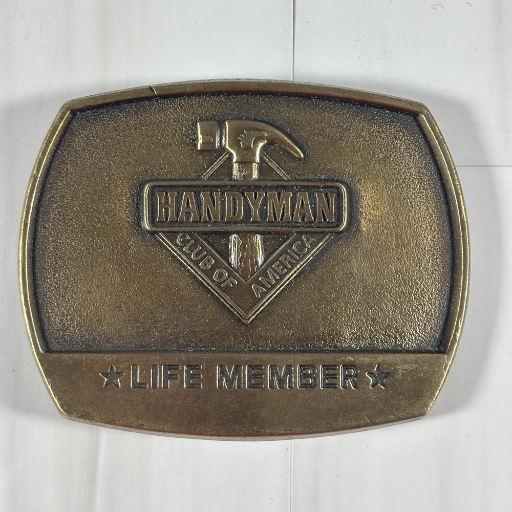 Vintage BRASS Handyman Club of America Belt Buckle Life Member Hammer 1996
