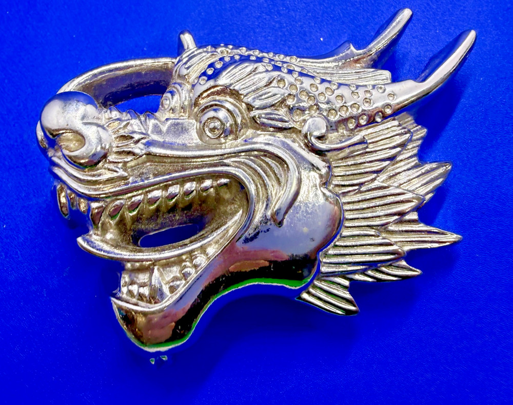 Mystical Asian Chinese Dragon Head Figural Cutout Silver Color Belt Buckle