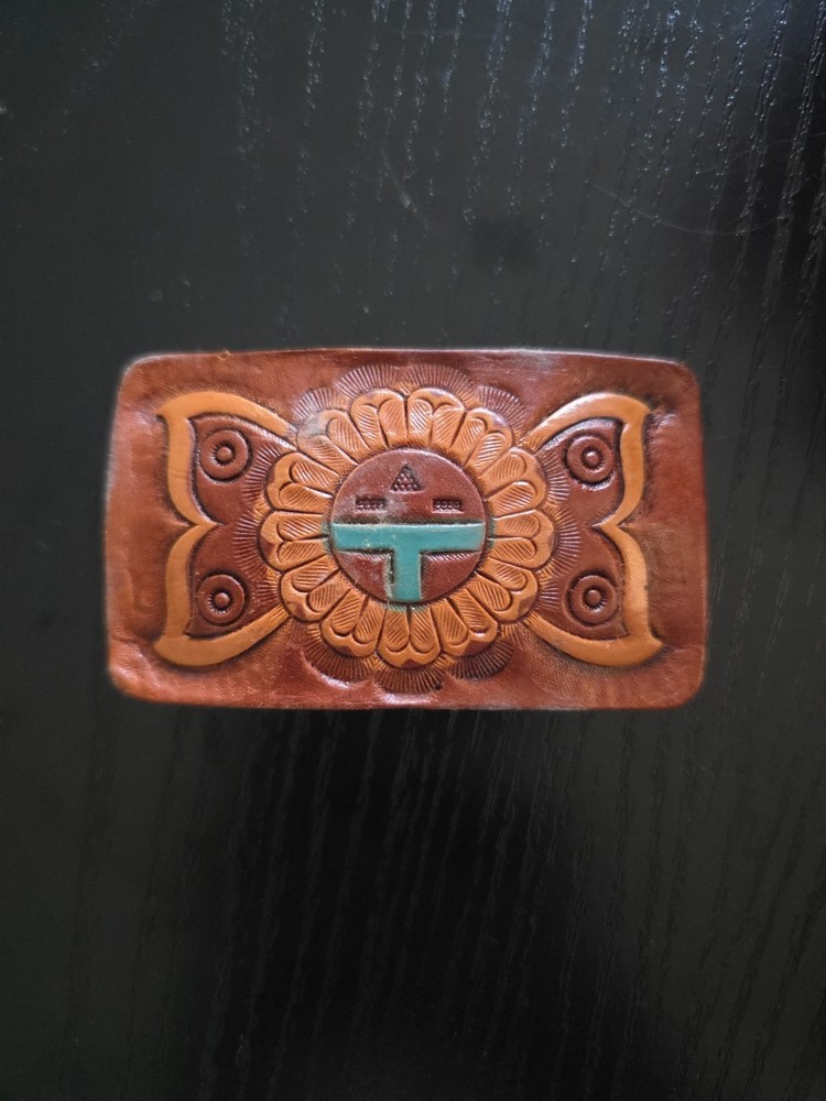 Vintage NATIVE AMERICAN Belt Buckle TOOLED Handcrafted WESTERN Leather Aztec