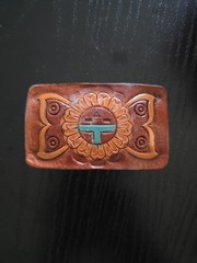 Vintage NATIVE AMERICAN Belt Buckle TOOLED Handcrafted WESTERN Leather Aztec