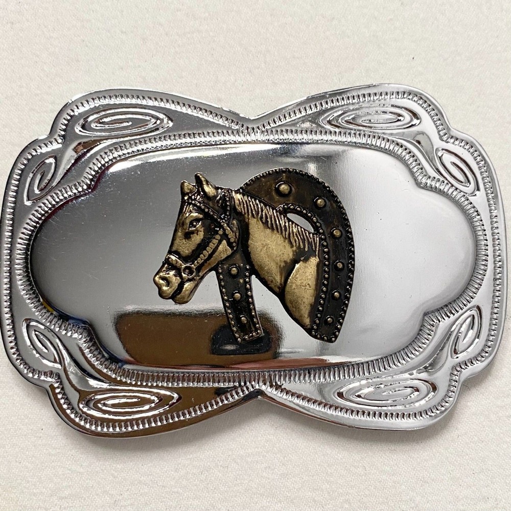 Bronze Horse And Horseshoe Embossed Silver Tone Belt Buckle Western