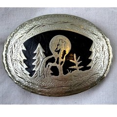 Vintage Howling Wolf Full Moon Western Belt Buckle Black Silver Engraved Cowboy