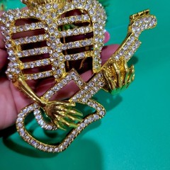 Skeleton Playing Guitar Belt Buckle Rhinestone Studded Gold Tone 4.5x 3.5 inches