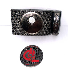 Golf Belt Leather w/Ratchet Buckle Removable Ball Marker Skull Reaper Black Red