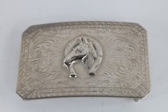 Vtg 90s Rockabilly Nickel Plated Horse Equestrian Horseshoe Belt Buckle Silver