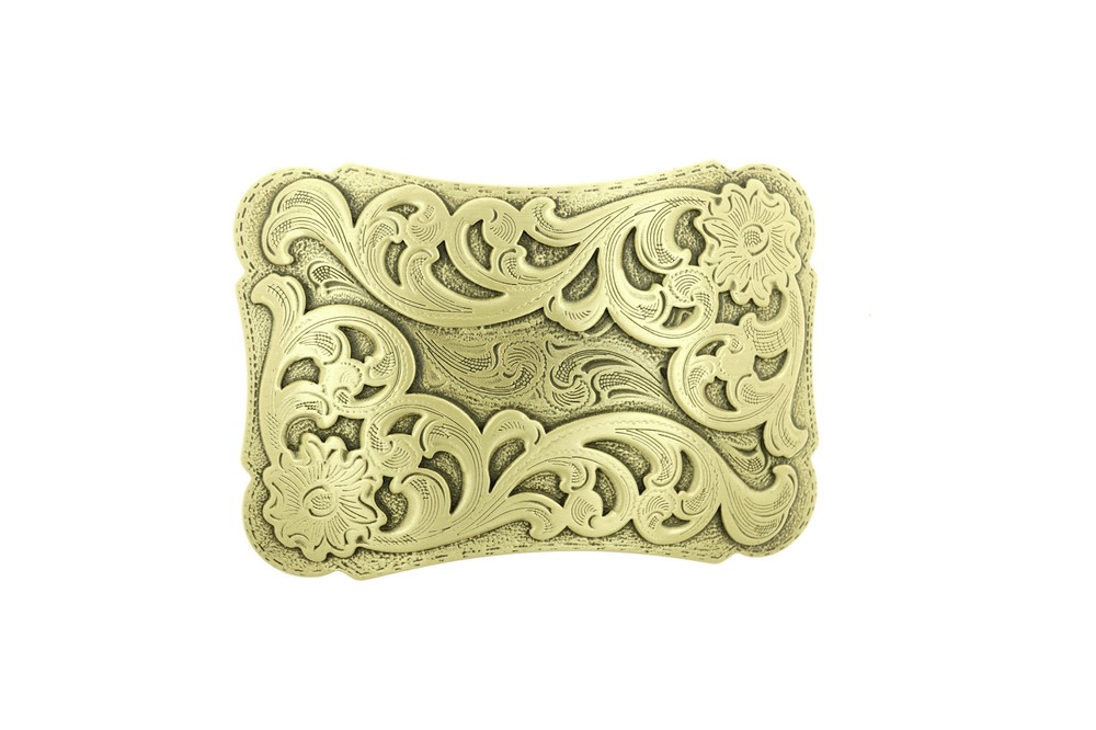 Western Flower Patterns Cowboy Cowgirl Rectangle Solid Brass Metal Belt Buckle
