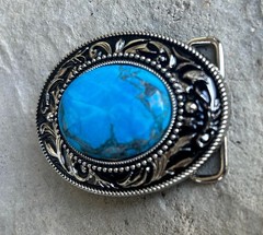 Silver Engraved Western Belt Buckle Aqua Genuine Stone Cowboy Rodeo Gift