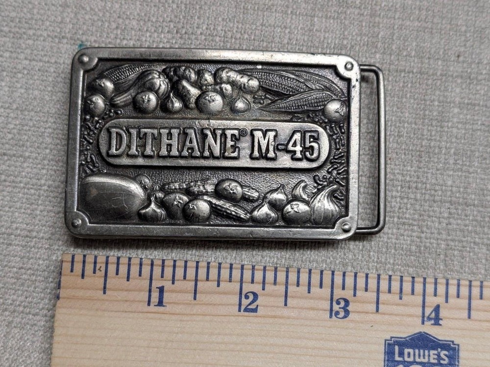 1970s vintage FARMING belt buckle CROPS western FARMER cowboy BRASS rohm haas