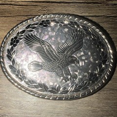 Western Belt Buckle Silver Tone Soaring Eagle Floral Oval Vtg W Made in USA Lg