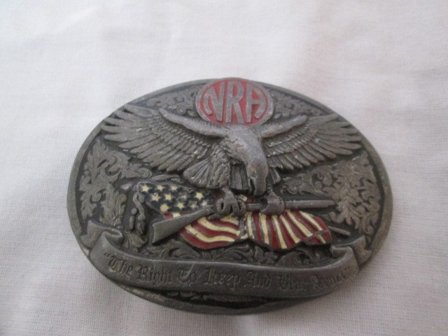 Rare Vintage NRA Belt Buckle Eagle Holding Rifle With USA Flag PewterMade In USA