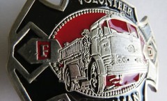 VOLUNTEER FIREMAN Belt Buckle Fire Truck Black Red Enamel F.D.